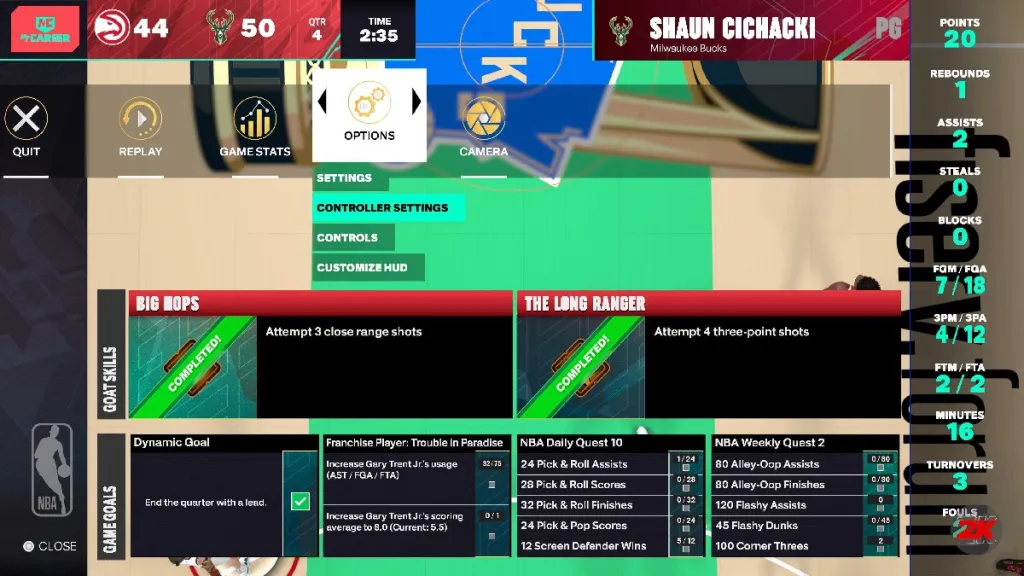 Changing the Controller Settings in NBA 2K2, which is imposed over a very colorful court