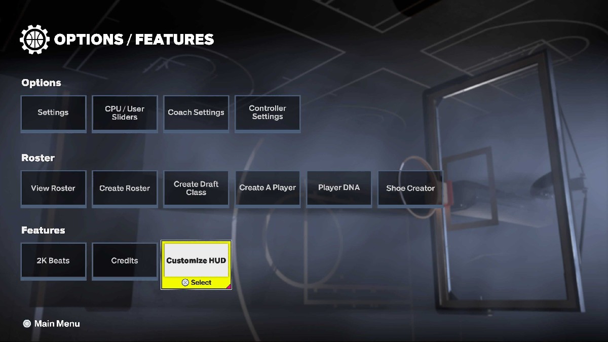 The Options Menu in NBA 2K25, super imposed over a grey basketball goal