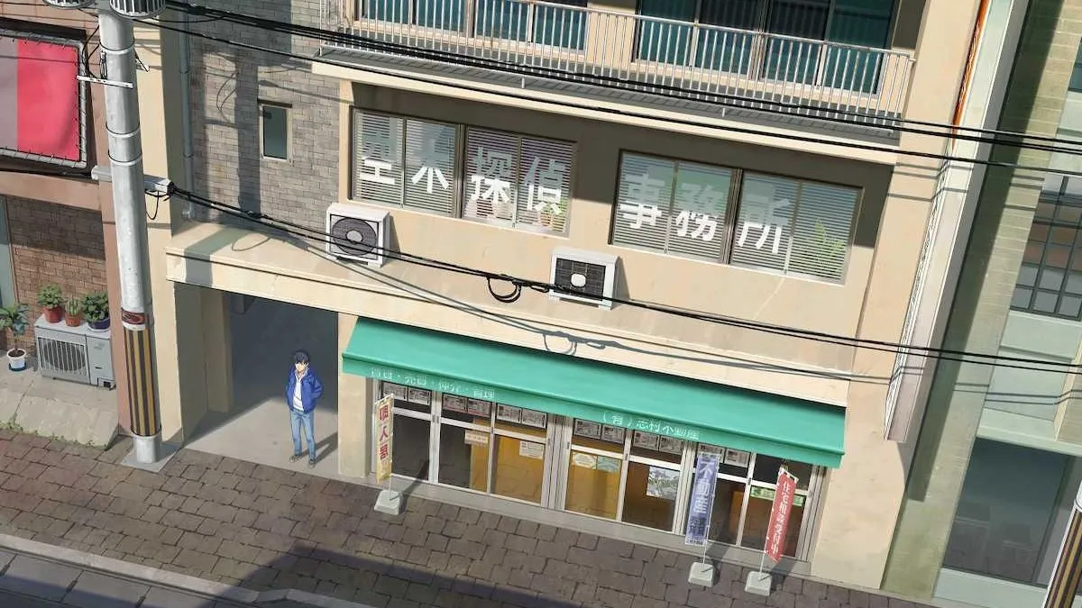 The main character standing outside of Utsugi Detective Agency in Emio: The Smiling Man Chapter 5