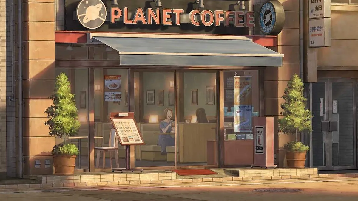 The exterior of Planet Coffee in Emio: The Smiling Man