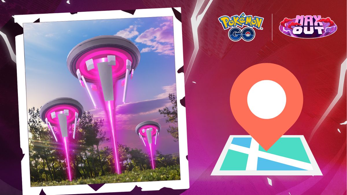 Image of Power Spots in the Pokemon GO map, with a "found the spot" map icon and the Pokemon GO and Max Out logos to the right