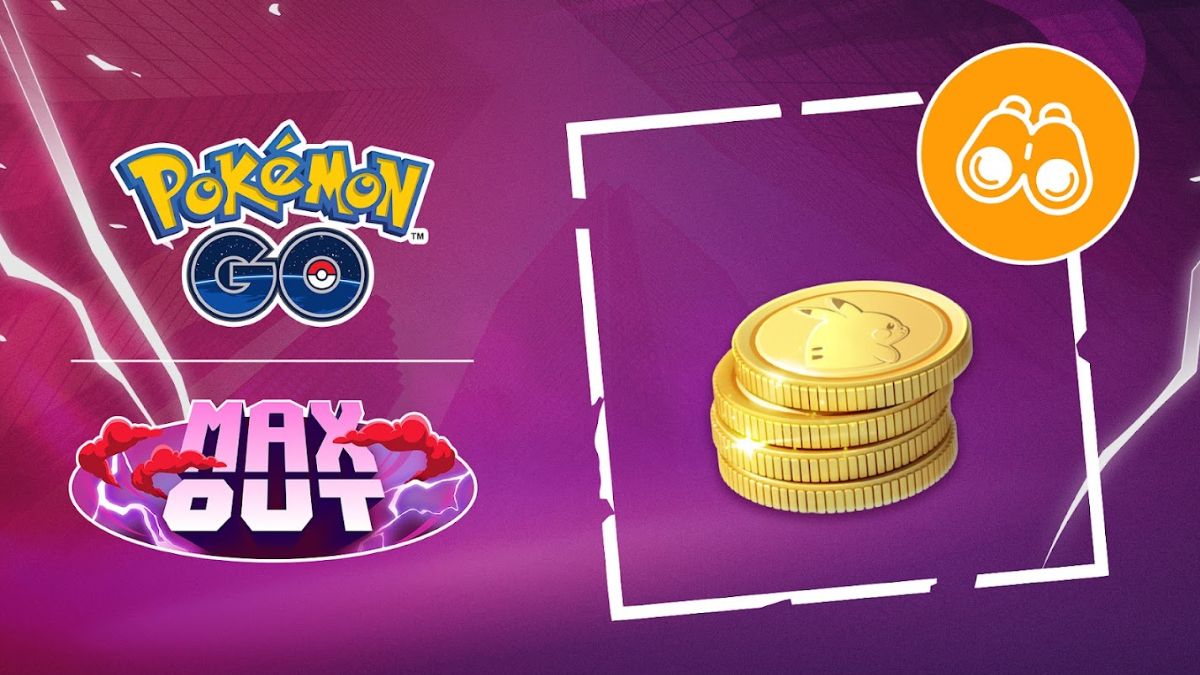 Image of the Pokemon GO and Max Out season logos with a stack of PokeCoins and the Field Research icon