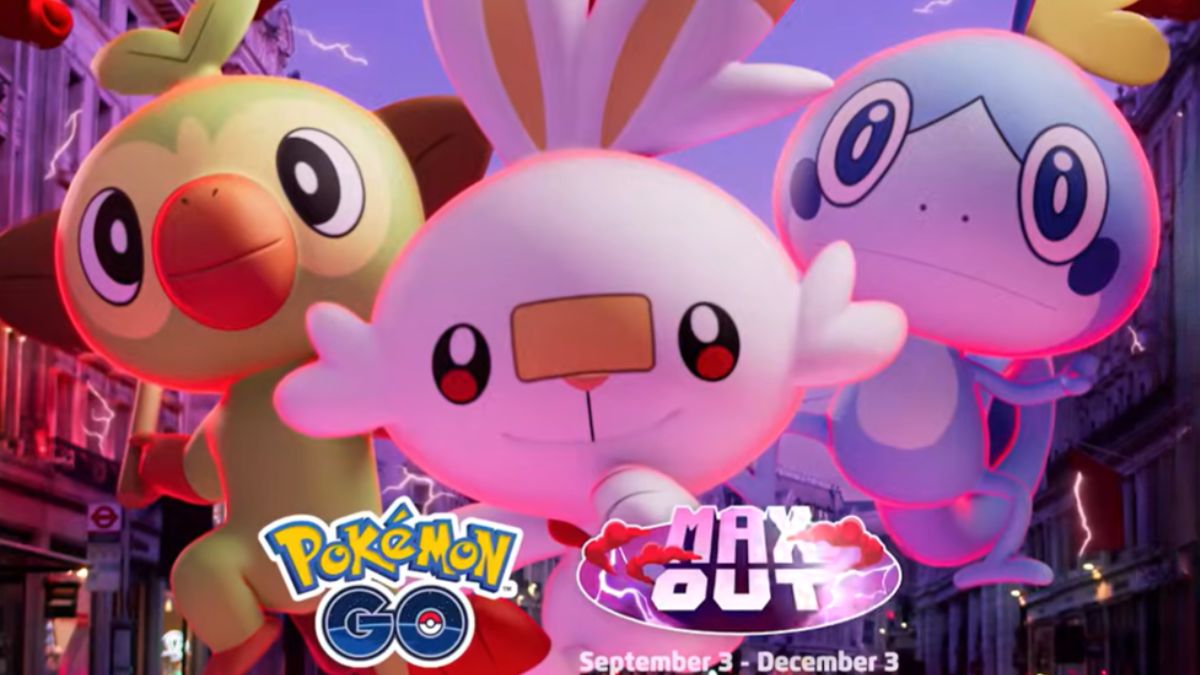 Max Out Pokemon GO Season promo featuring Grookey, Scorbunny, and Sobble