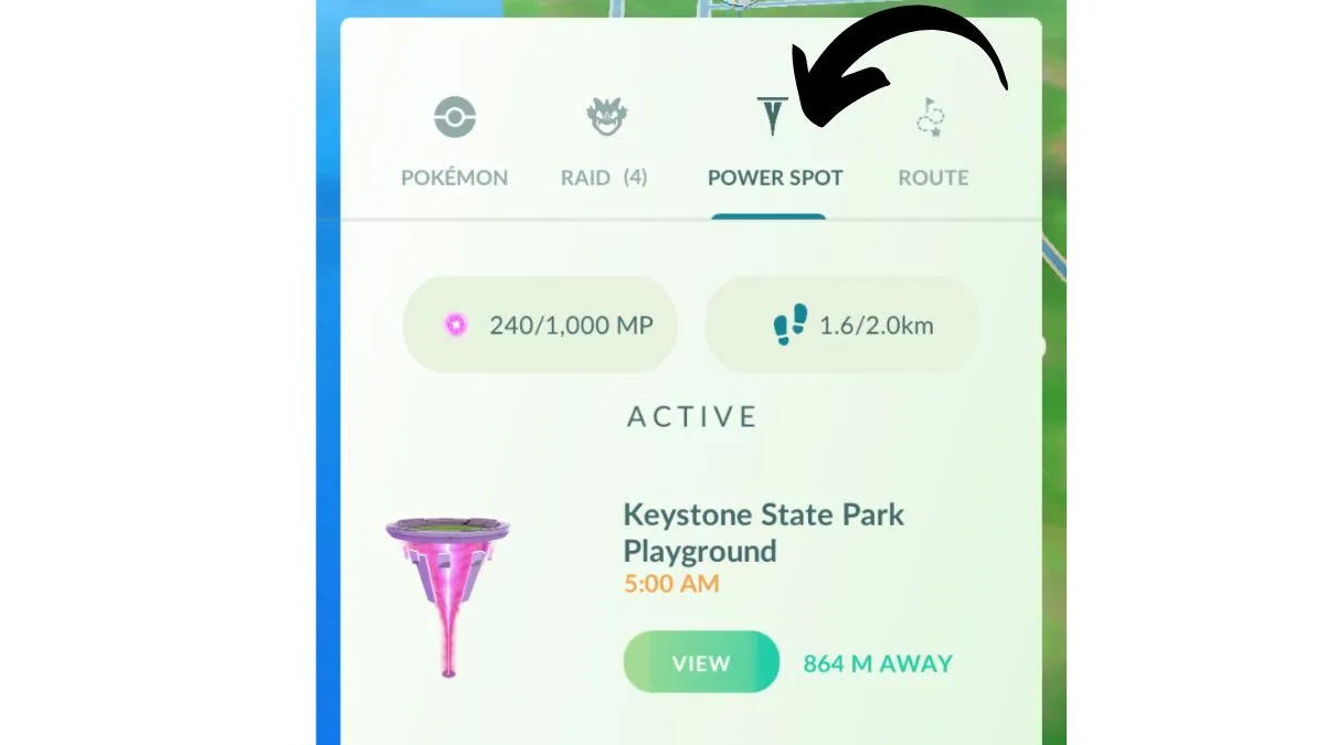 Screenshot from Pokemon GO, showing the Power Spot menu with an arrow pointing to the tab