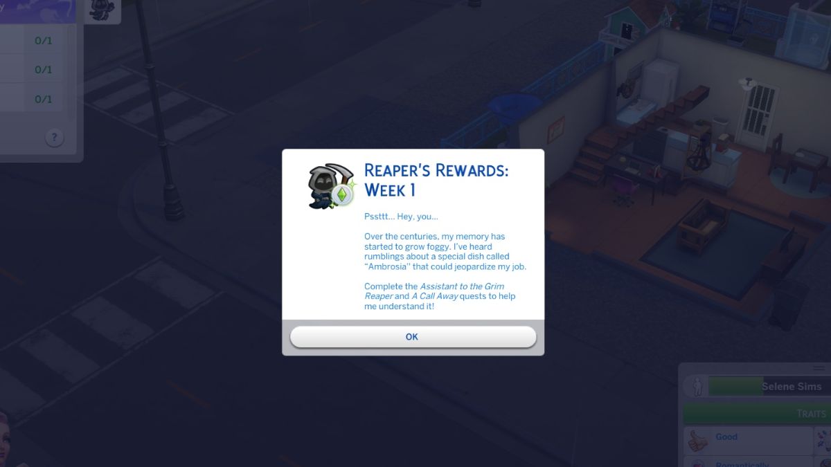 Screenshot of the pop up that starts the Reaper's Rewards event in The Sims 4