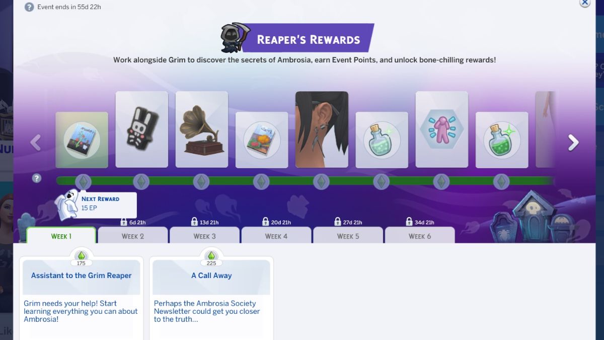 Screenshot of the progress screen for the Reaper's Rewards event in The Sims 4