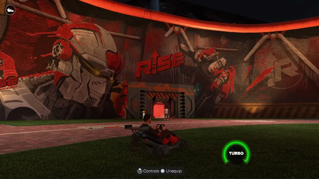 The exterior of the Rise Building in NBA 2K25, featuring a large wall with graffiti that says 'RISE' on it