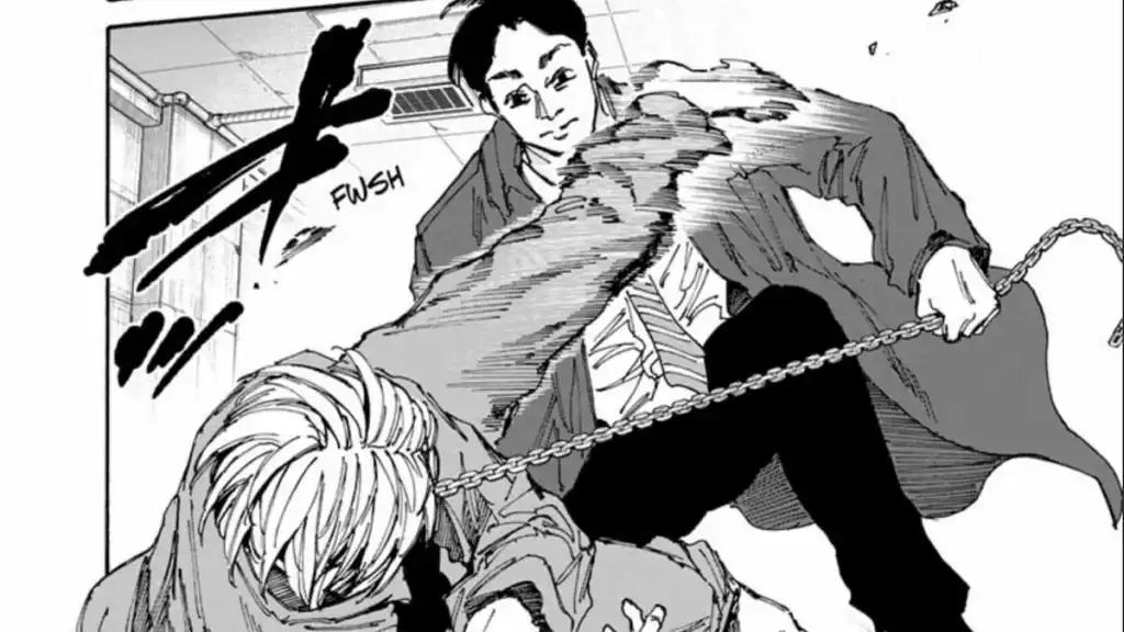 Shin fighting Jo Shackles in Sakamoto Days Chapter 182, kicking at his neck while a chain tugs at his neck