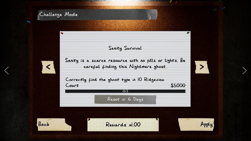 The Sanity Survival challenge in Phasmophobia which looks like a notecard tacked to a corkboard