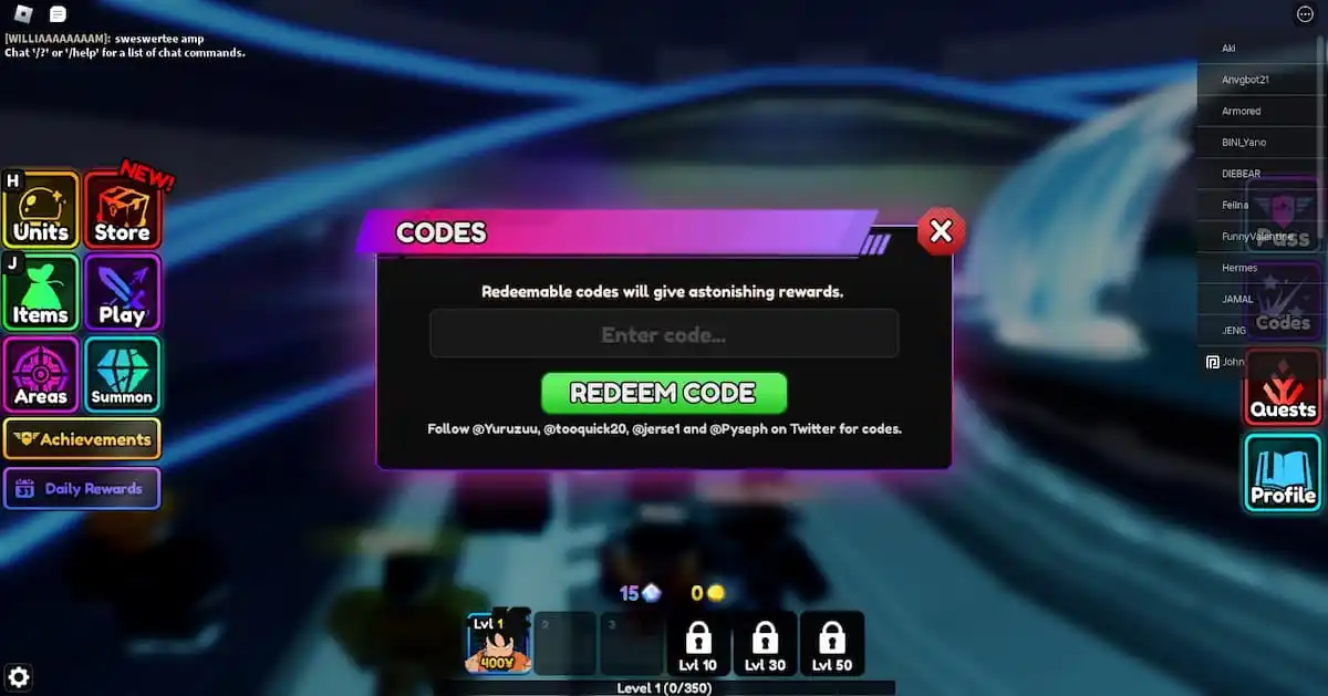 a screenshot of the code redemption screen in anime vanguards