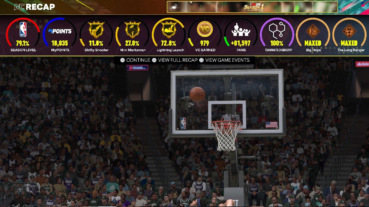 Image of a basketball just over a hoop in NBA 2K25 with a banner showing the recap above 