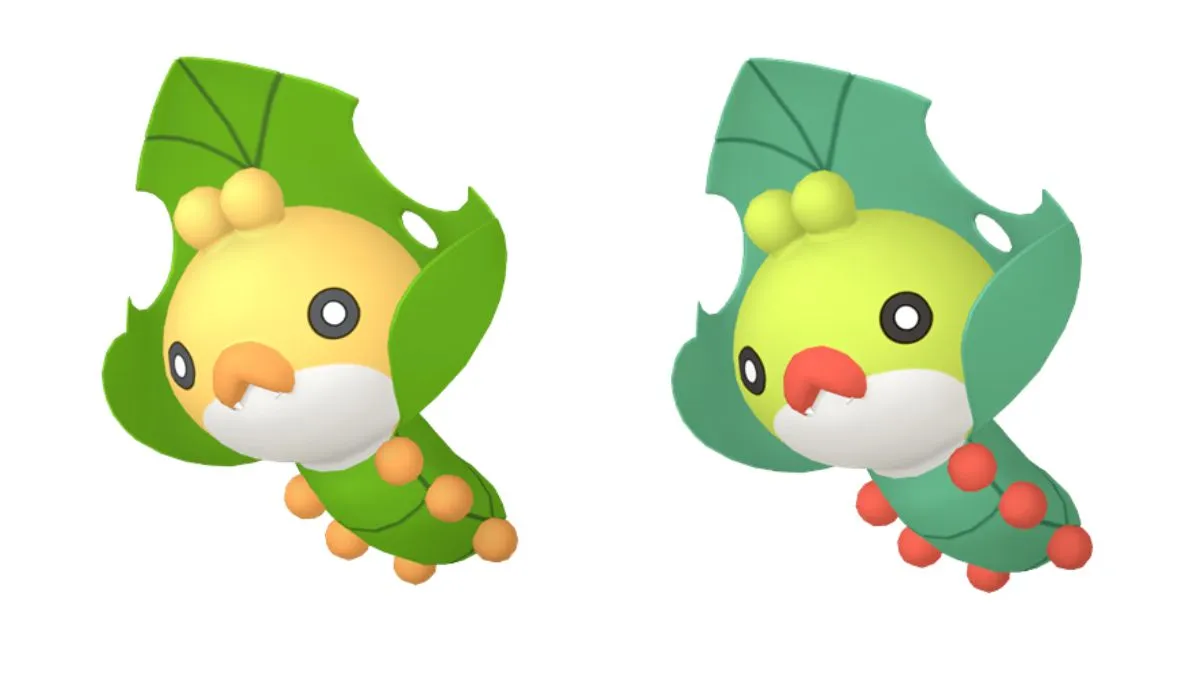 Side by side comparison showing Sewaddle vs Shiny Sewaddle