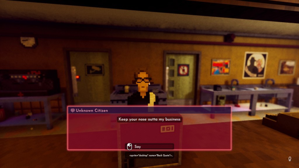 A player interacting with an NPC in Shadows of Doubt.