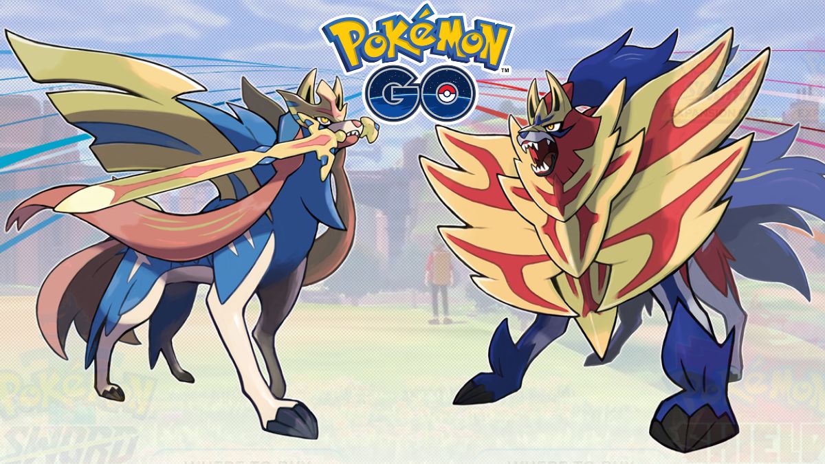 The Legendary Pokemon from Pokemon Sword and Shield, with the Pokemon GO Logo between them