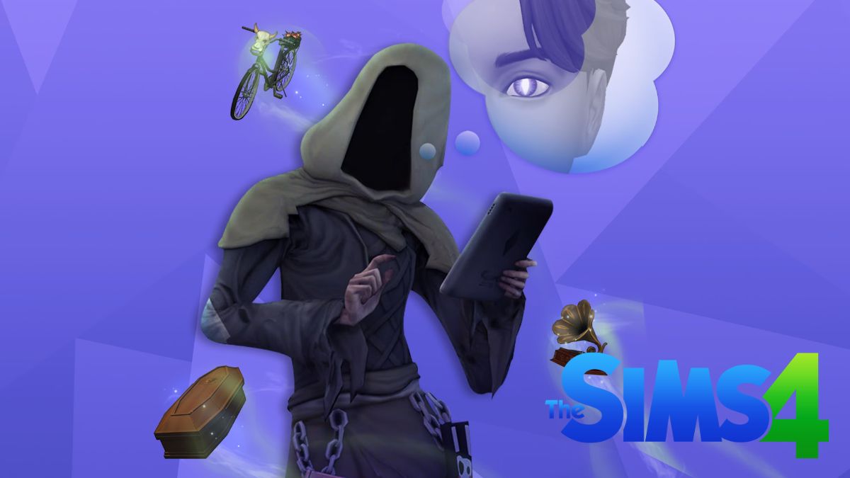 Sims 4 Reaper's Rewards Event Promo image featuring Grim and some in-game rewards