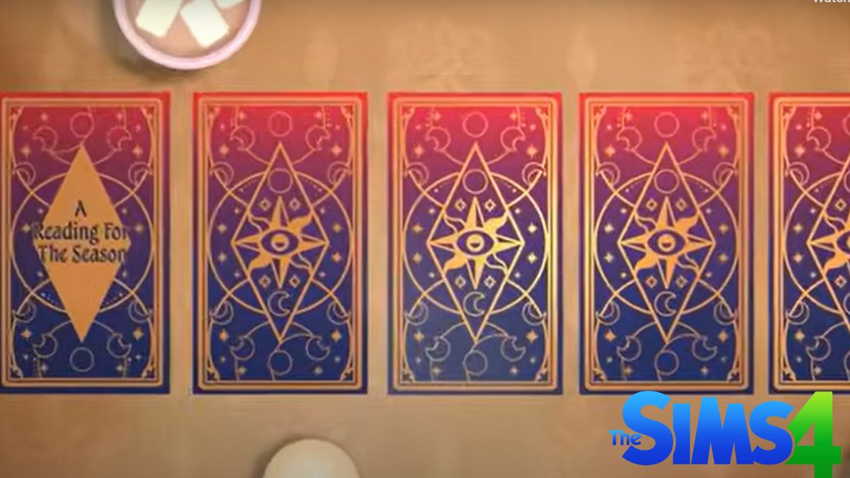 Image of several animated Tarot cards laid out on a table with the Sims 4 logo in the corner