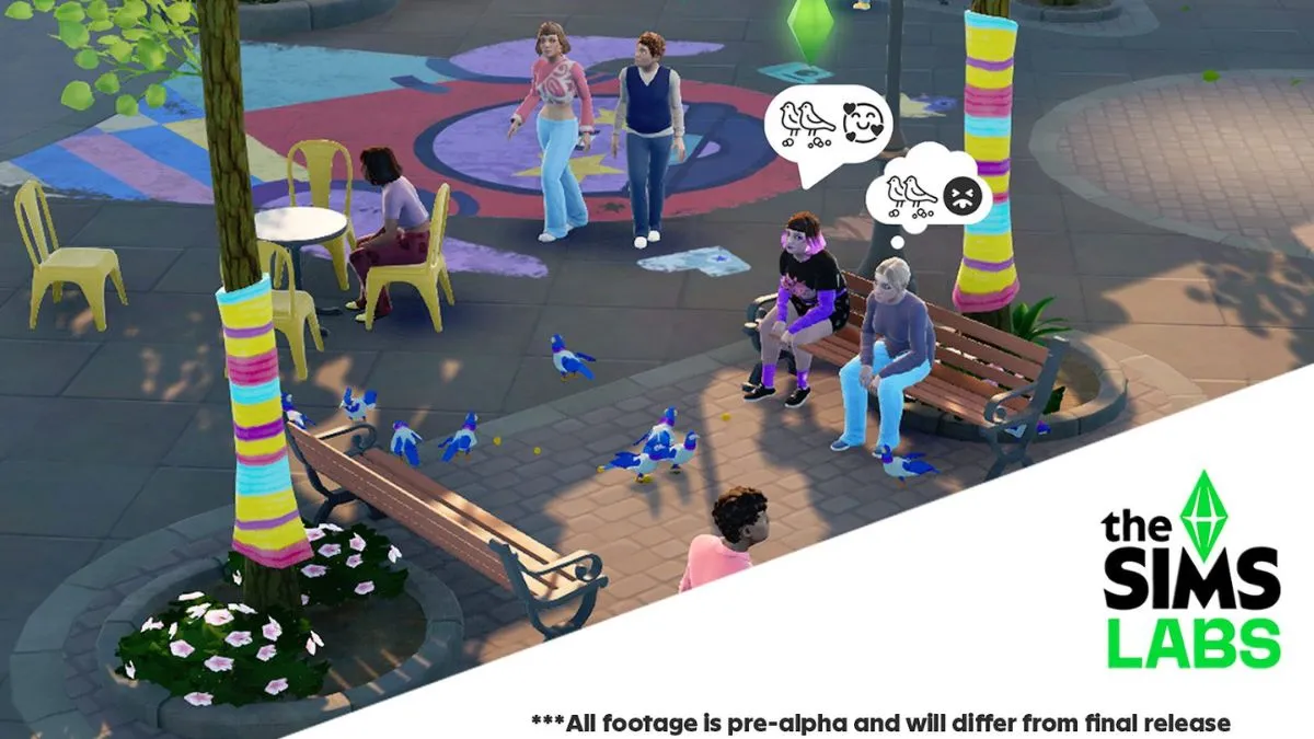 Sims Labs Playtest Screenshot from EA, with several sims sitting on a bench looking at pigeons, with pigeon reaction bubbles above them