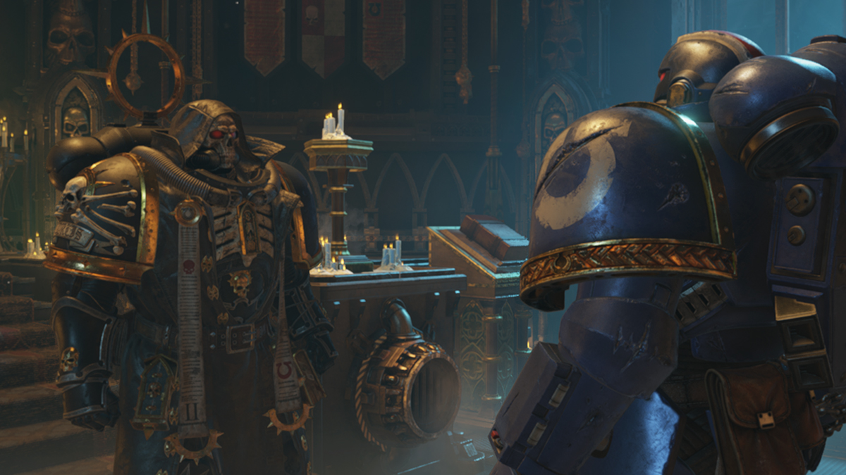 Space Marine at home base talking to leader in Warhammer 40K Space Marine 2