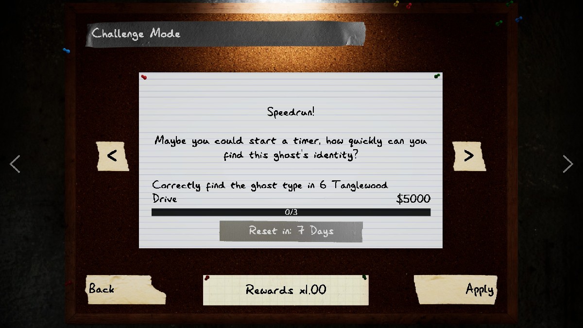 Image of a corkboard in Phasmophobia with a notecard that reads "Speedrun!" along with the challenge requirements and the reward you get if you succeed 