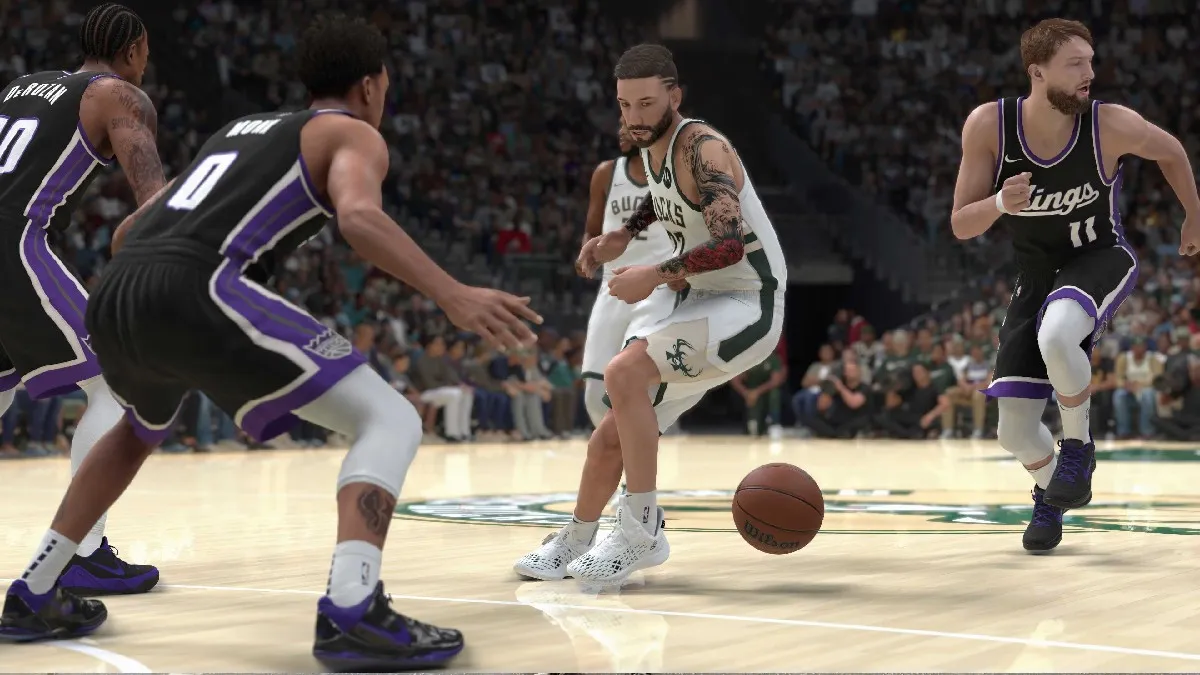 A MyPLAYER doing a defensive spin in NBA 2K25