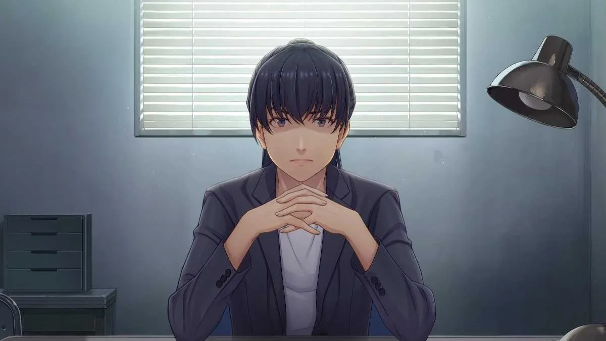 A stern looking Detective Kuze in Emio: The Smiling Man