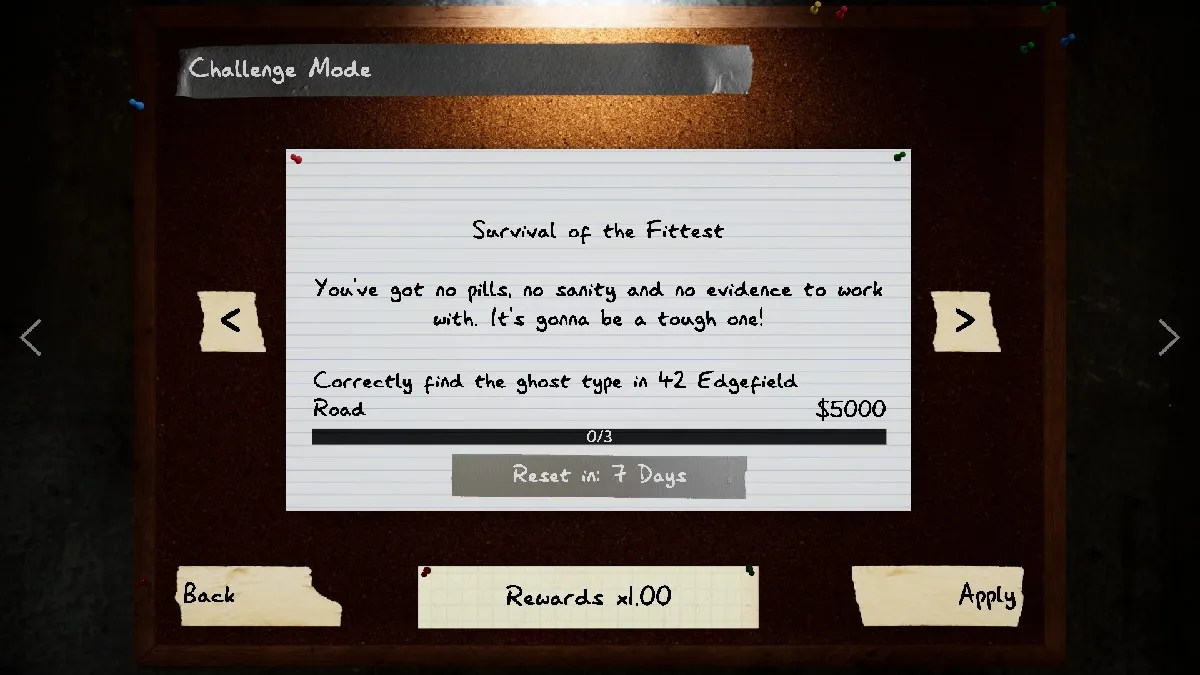 Image in Phasmophobia showing a cork board with a notecard that states "Survival of the Fittest" along with a description of the challenge and the reward for competition 