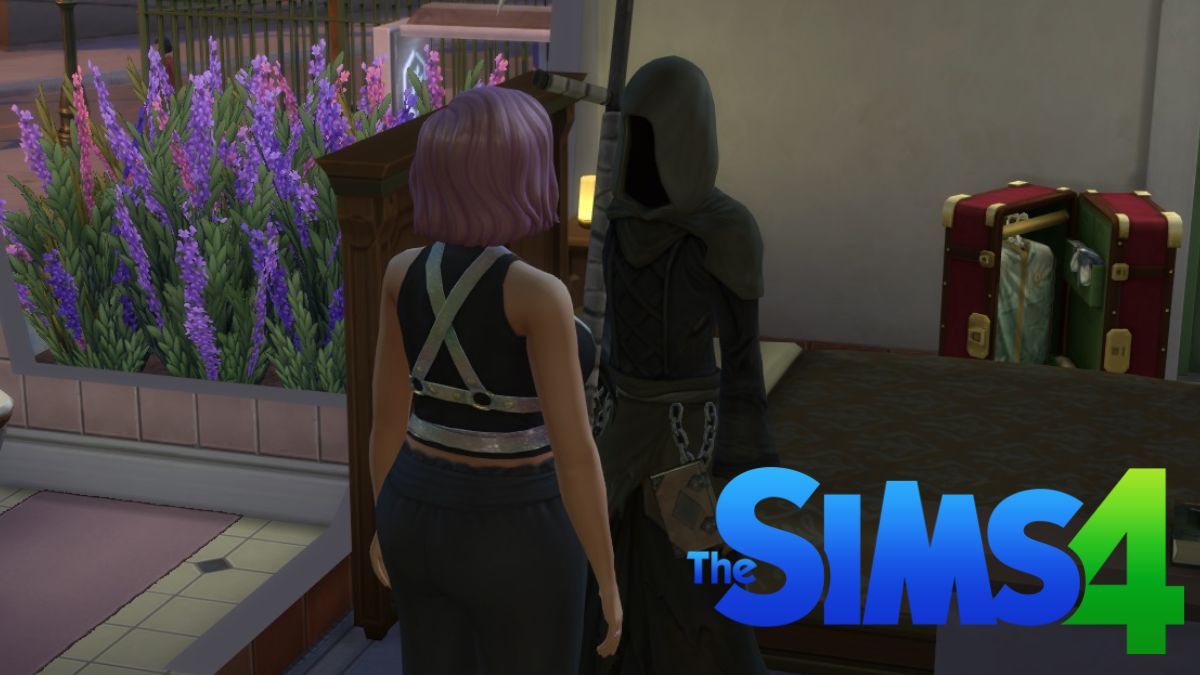 Screenshot of a character in The Sims 4 talking to the Grim Reaper during the Reaper's Reward Event