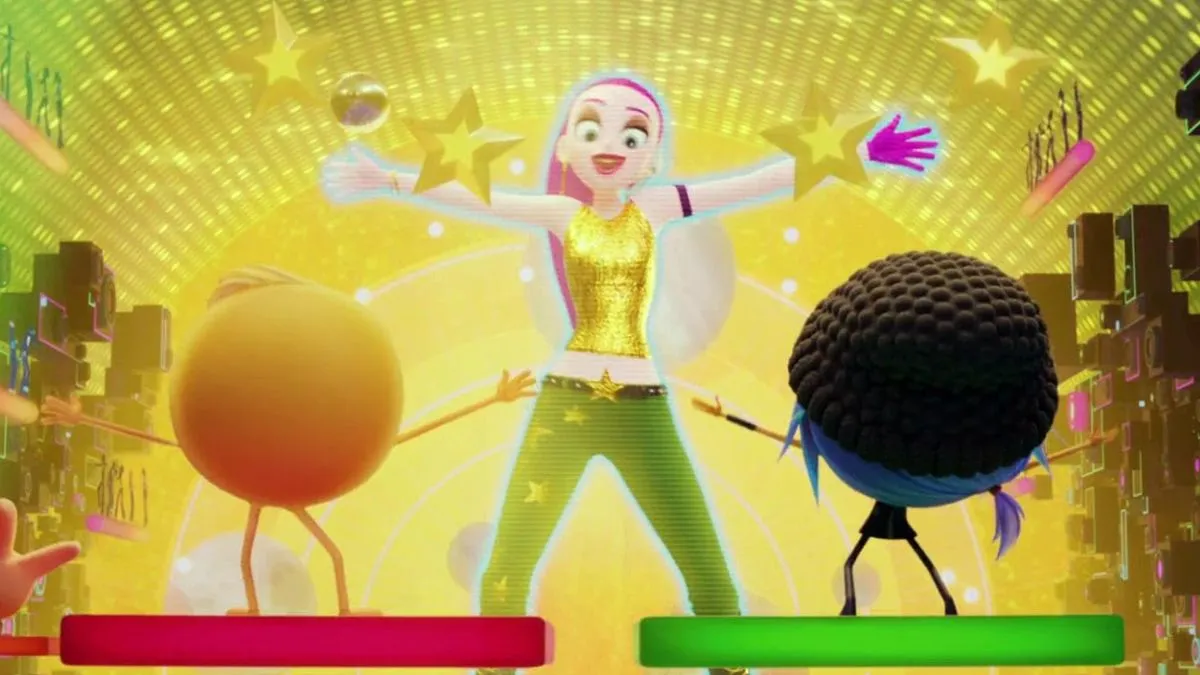 Just Dance app in The Emoji movie, featuring Christina Aguilera's character and the main emojis