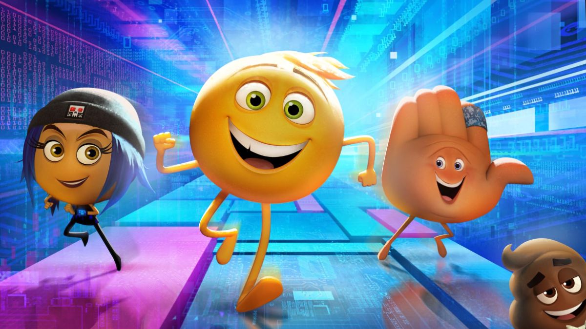 The three main characters in The Emoji Movie, with the Poop emoji peeking from the corner