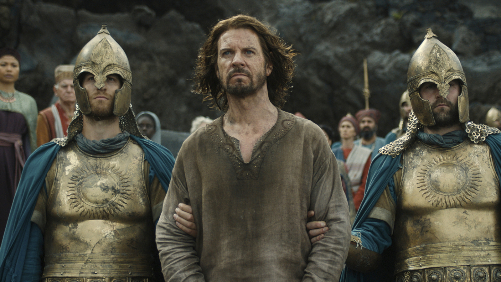 Elendil flanked by two Numenorean guards in The Lord of the Rings: The Rings of Power Season 2, Episode 6