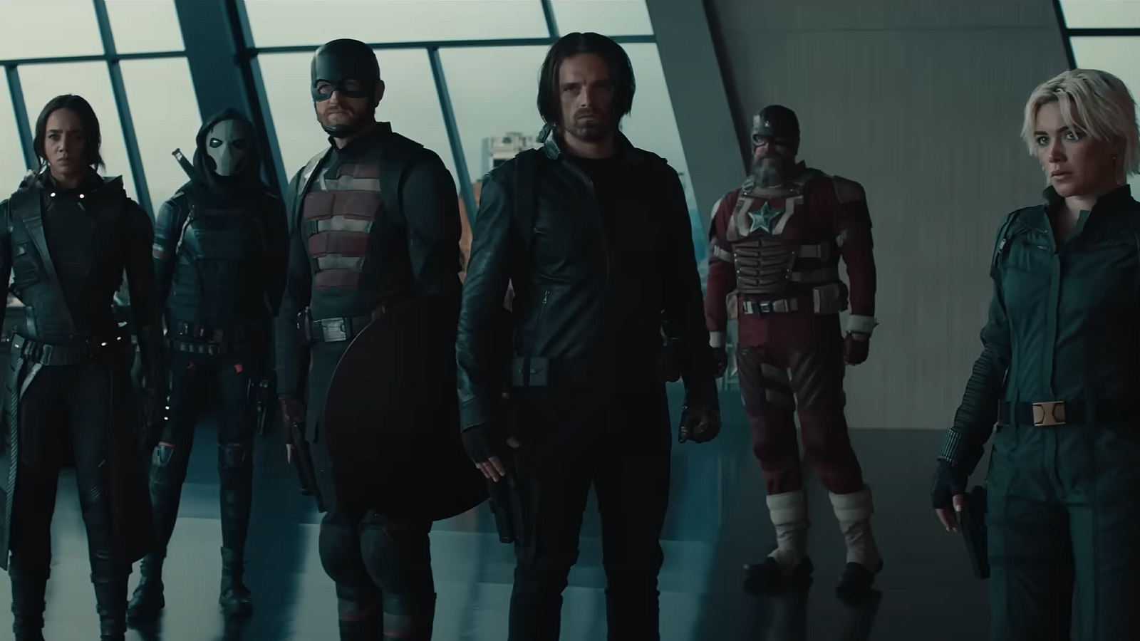 The Thunderbolts team line-up in a shot from the Thunderbolts* teaser trailer