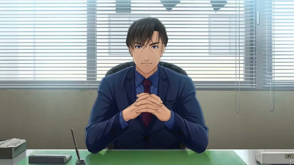 Utsugi behind his desk in the Minoru Chapter of Emio: The Smiling Man