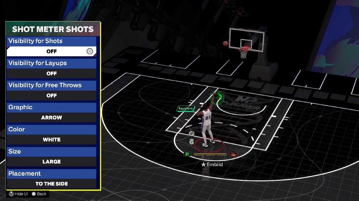 The shot meter shots menu open to the oleft side of a player shooting a basket on a court