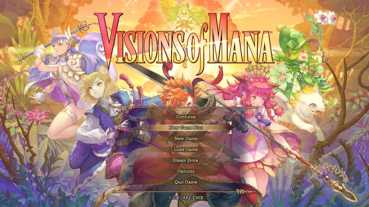 image of the main menu of visions of mana, featuring the option to select new game+