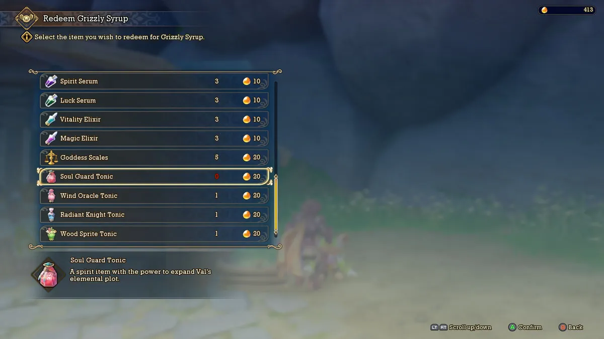 image of the menu where you can redeem grizzly syrup in Visions of Mana, featuring a variety of stat boosting tonics