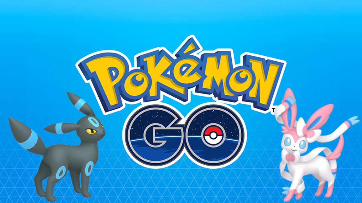 The Pokemon GO logo with a Shiny Umbreon on the left and a Sylveon on the right