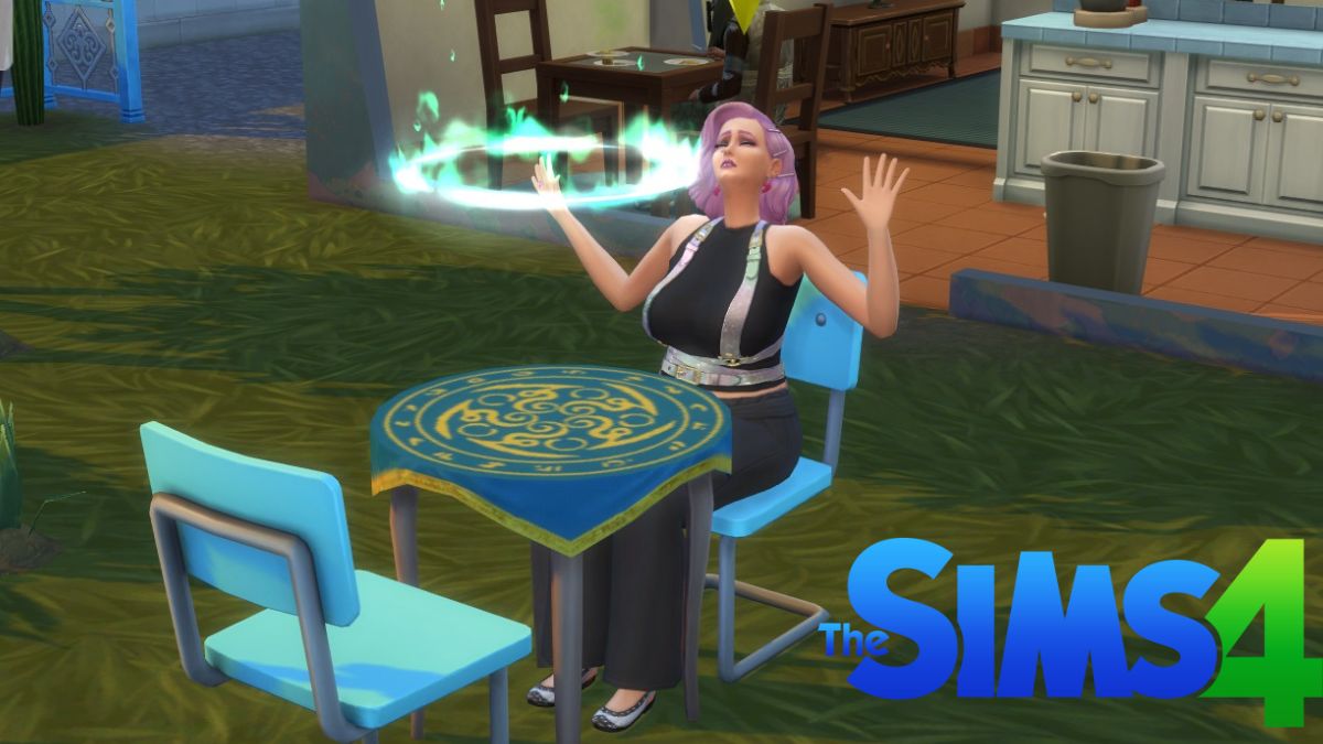 A sim using the Seance table in The Sims 4 as part of the Reaper's Rewards event quest