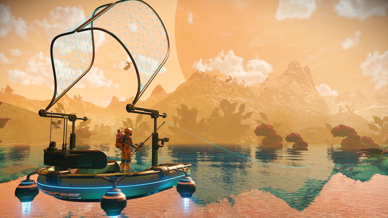 No Man's Sky Aquarius, a player on a craft hovering above the water.