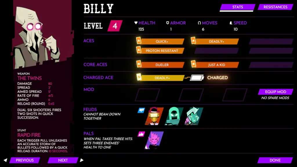 Billy's stat menu in Wild Bastards, featuring his skills, mods, feuds, and pals. 