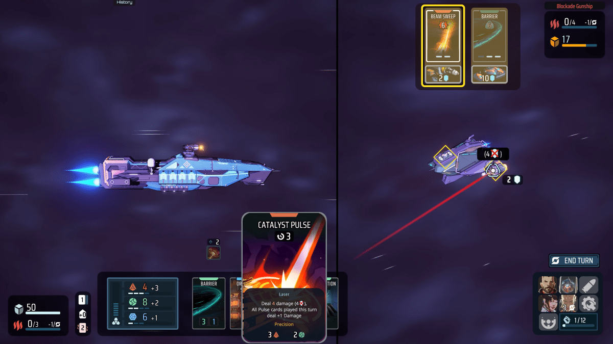 Image of two ships fighting in Breachway, featured in a  review, with several cards being selected to do damage to an enemy ship 