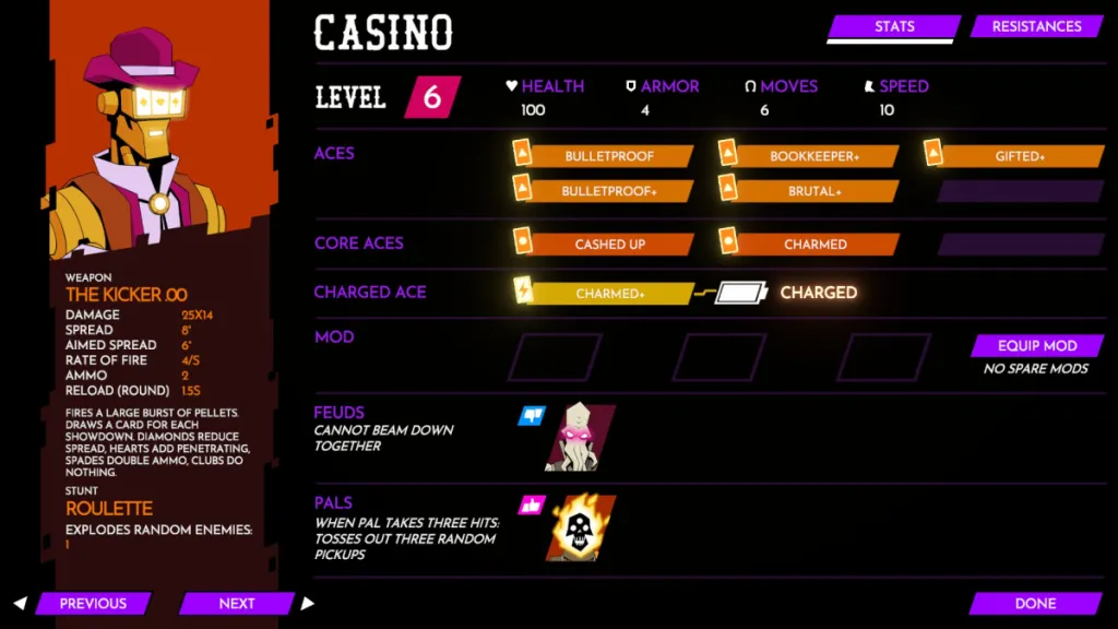 Casino's stat menu in Wild Bastards, featuring his skills, mods, feuds, and pals. 