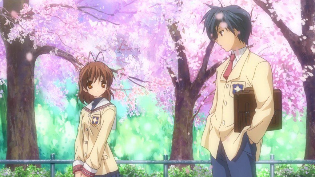 Tomoya walks Nagisa through a park with cherry blossoms