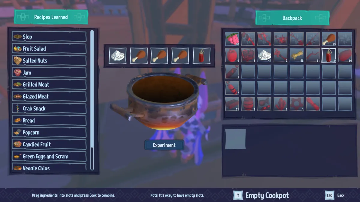 Image of the cooking menu in Critter Cove, featuring the Wonky Chow recipe which is imposed over a beaten up looking cooking pot 