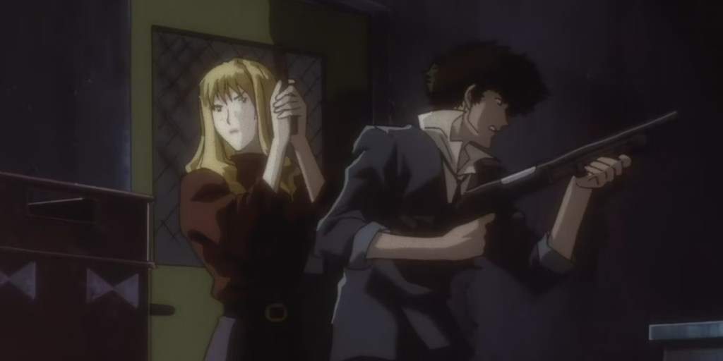 Julia and Spike enter a dark room with guns drawn as part of an article about anime's 10 greatest couples ever.