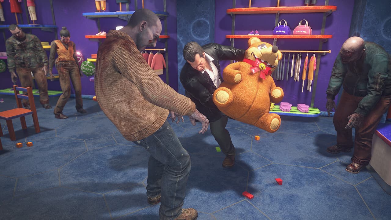 Dead Rising Deluxe Remaster, Frank West swinging a teddy bear at zombies.