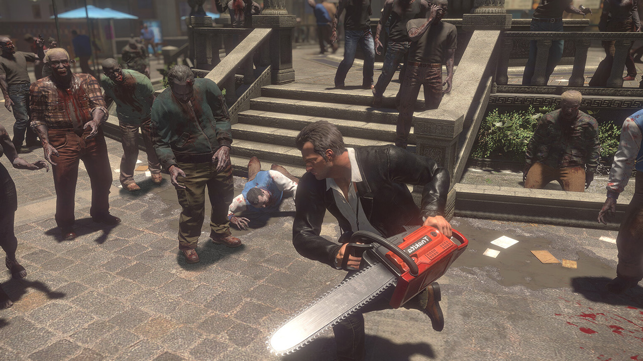 Dead Rising Deluxe Remaster, Frank West swinging a chainsaw at a crowd of zombies.