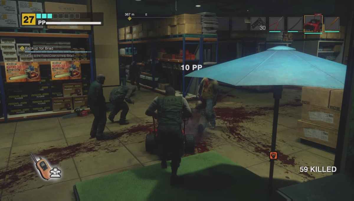 Frank West in Dead Rising Deluxe Remaster, pushing a lawnmower over zombies. 