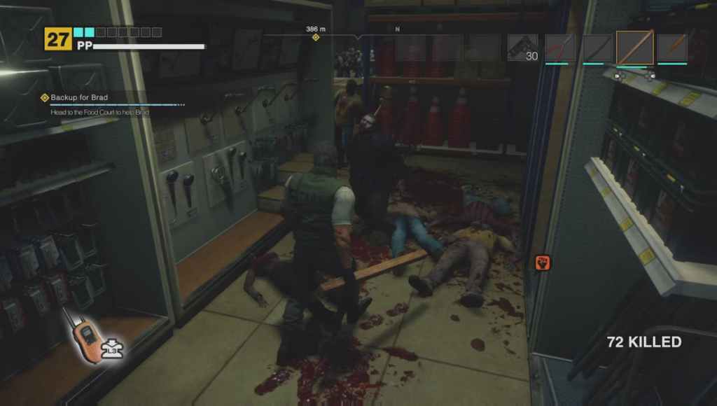 Dead Rising Deluxe Remaster, a zombie with a shower head in its head, blood coming out of the shower rose. 