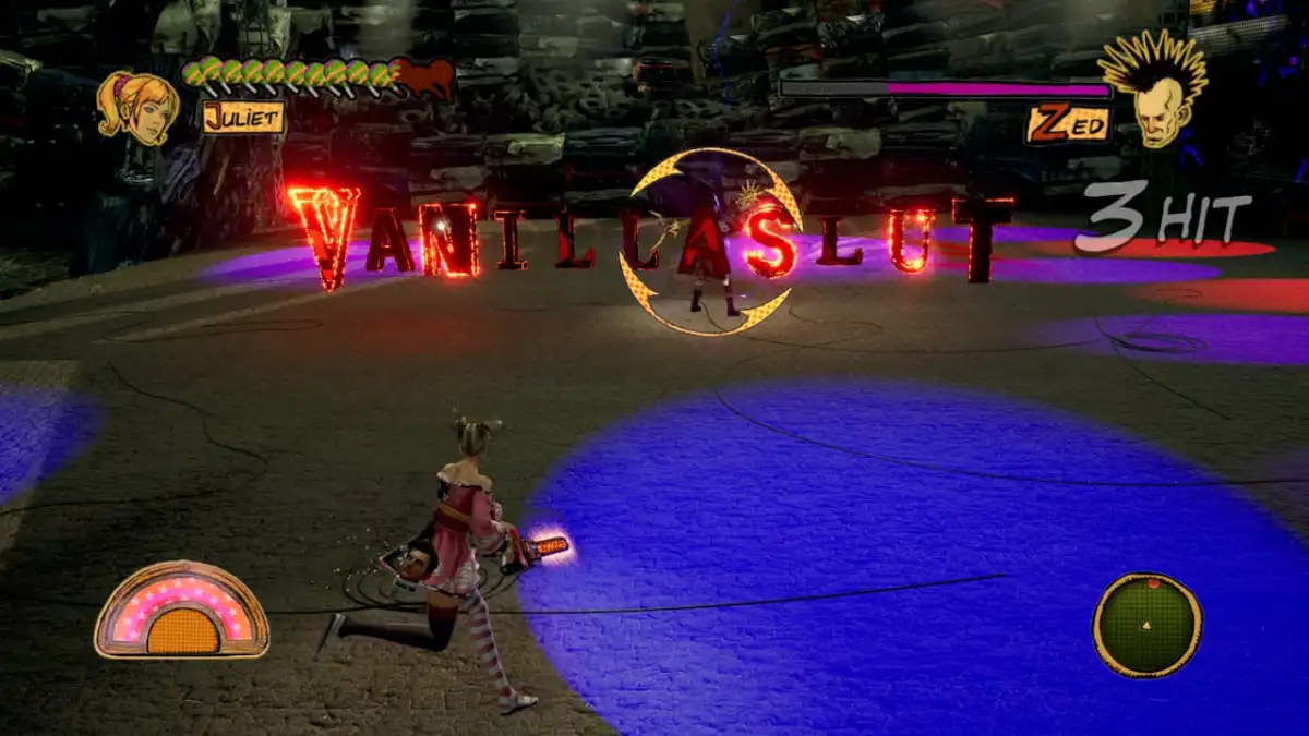 Image of the battle arena for Zed's fight in Lollipop Chainsaw RePop with a vulgar insult in flaming text being sent at Juliet 