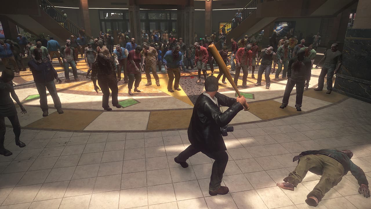 Dead Rising Deluxe Remaster, Frank West swinging a bat at a horde of oncoming zombies.